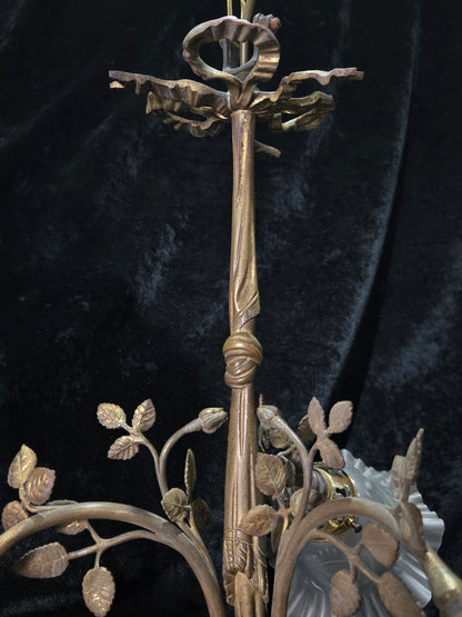Gorgeous Antique French Brass 3 Arm Floral Chandelier Ceiling Light with Shades