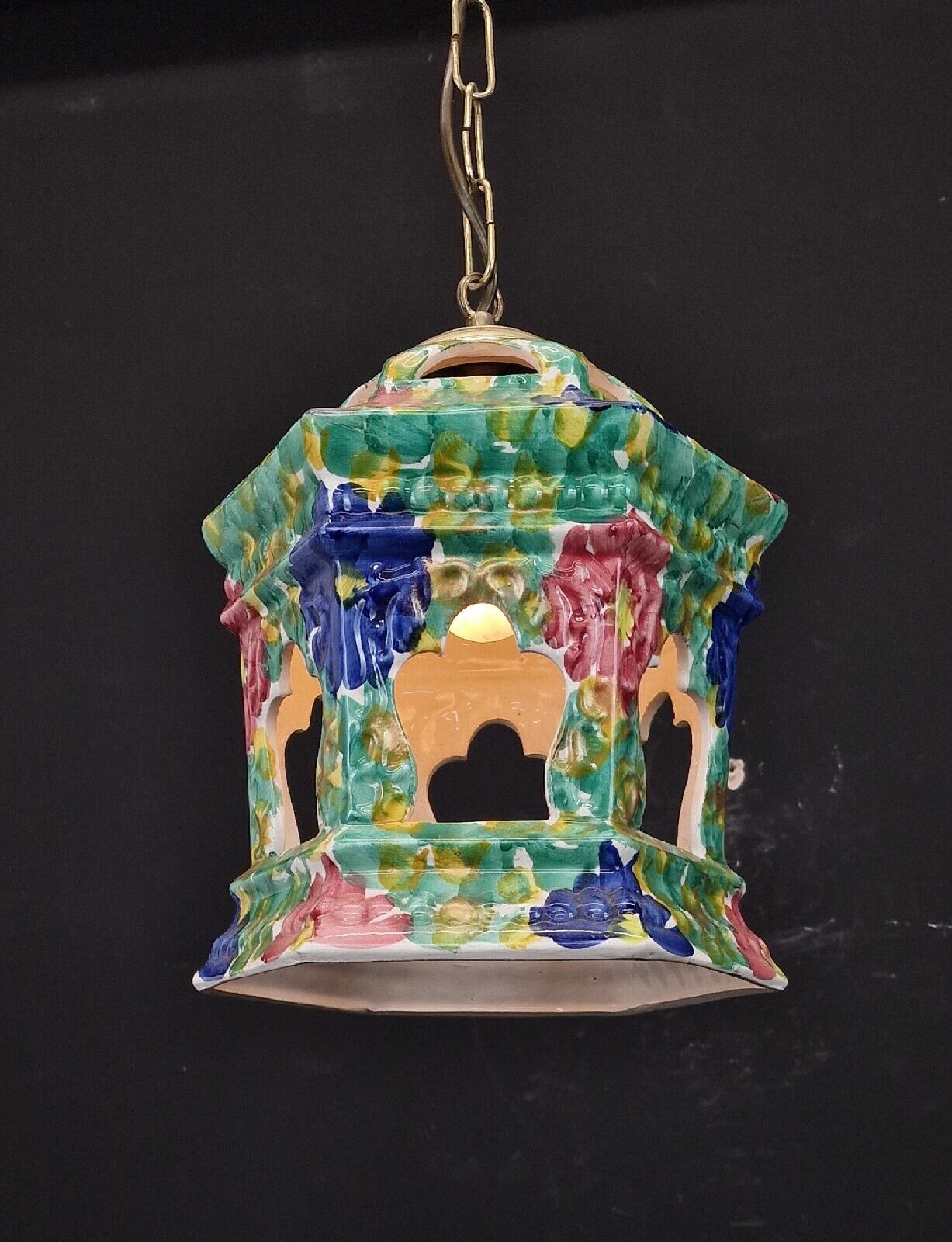 Very Pretty Vintage French Hand Painted Ceramic Flower Lantern Hanging Light