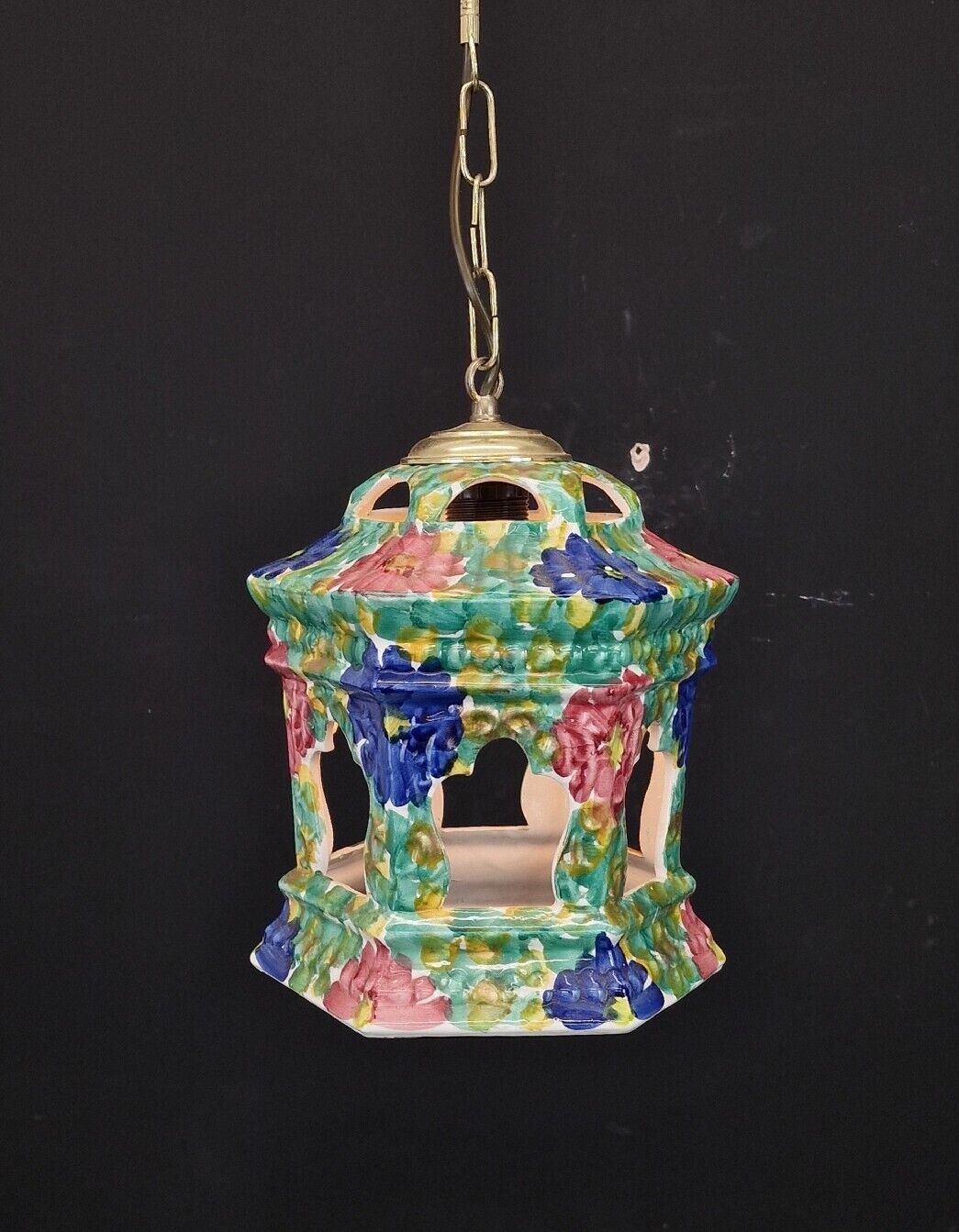 Very Pretty Vintage French Hand Painted Ceramic Flower Lantern Hanging Light