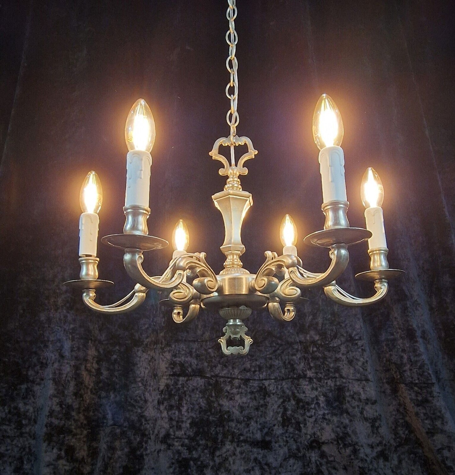 Ornate Heavy Antique Silvered 6 Arm Traditional England Chandelier Ceiling Light