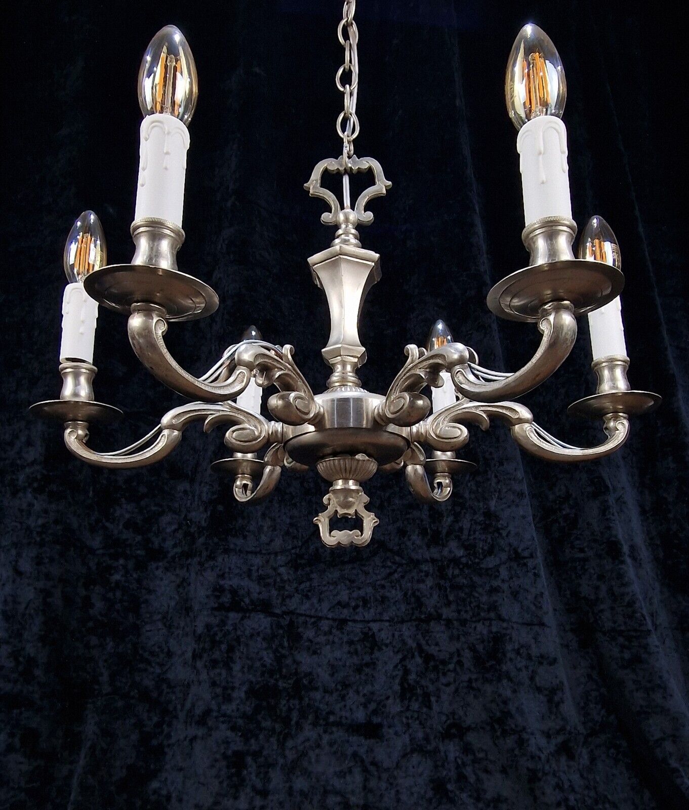 Ornate Heavy Antique Silvered 6 Arm Traditional England Chandelier Ceiling Light