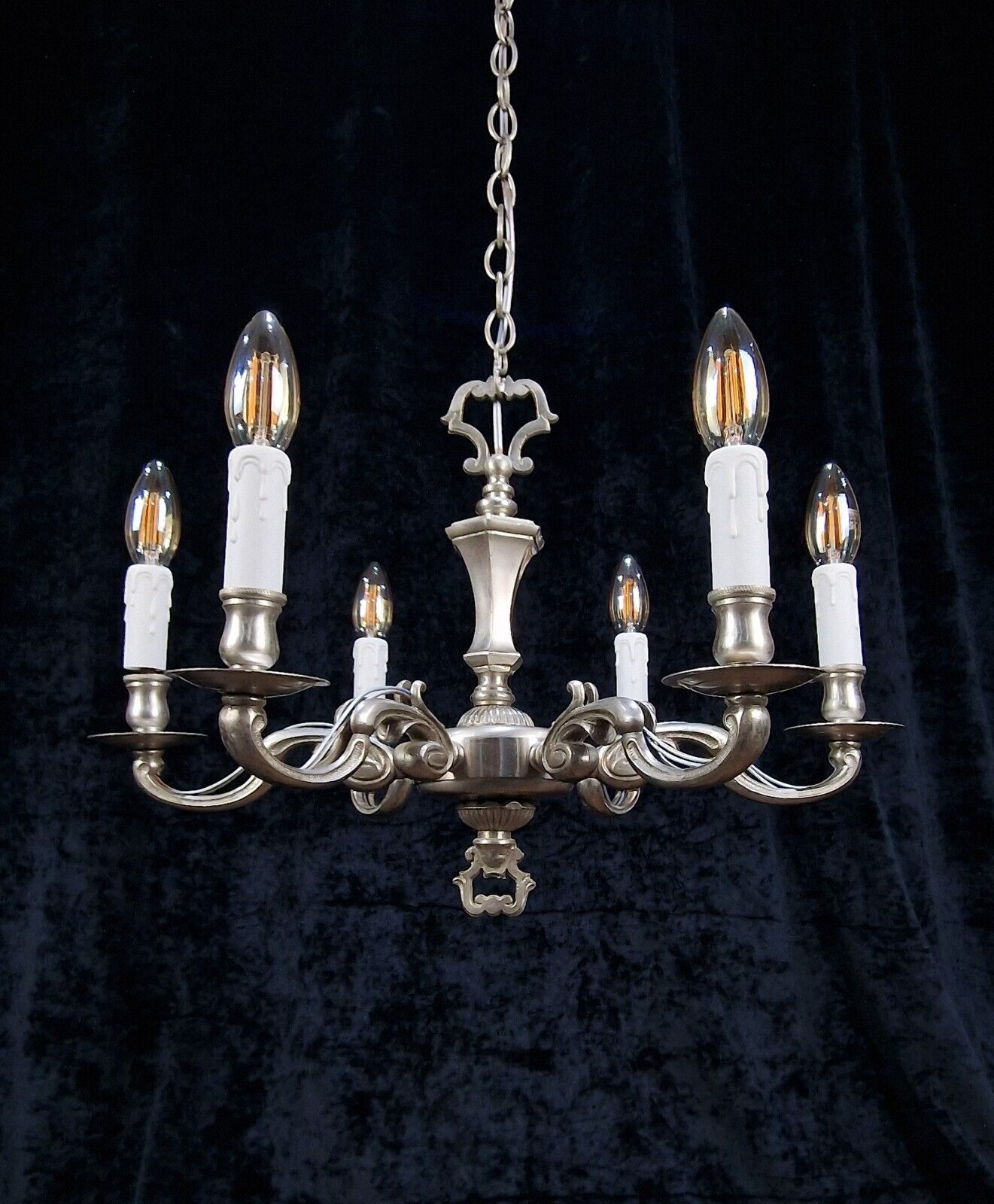 Ornate Heavy Antique Silvered 6 Arm Traditional England Chandelier Ceiling Light