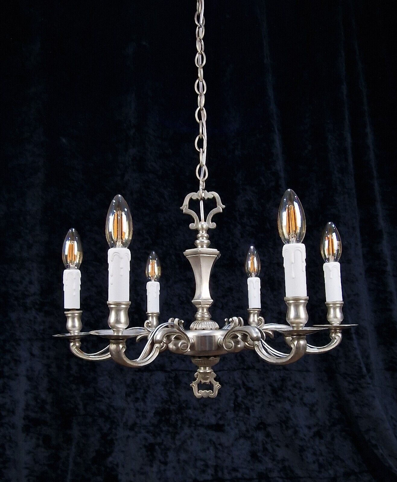 Ornate Heavy Antique Silvered 6 Arm Traditional England Chandelier Ceiling Light