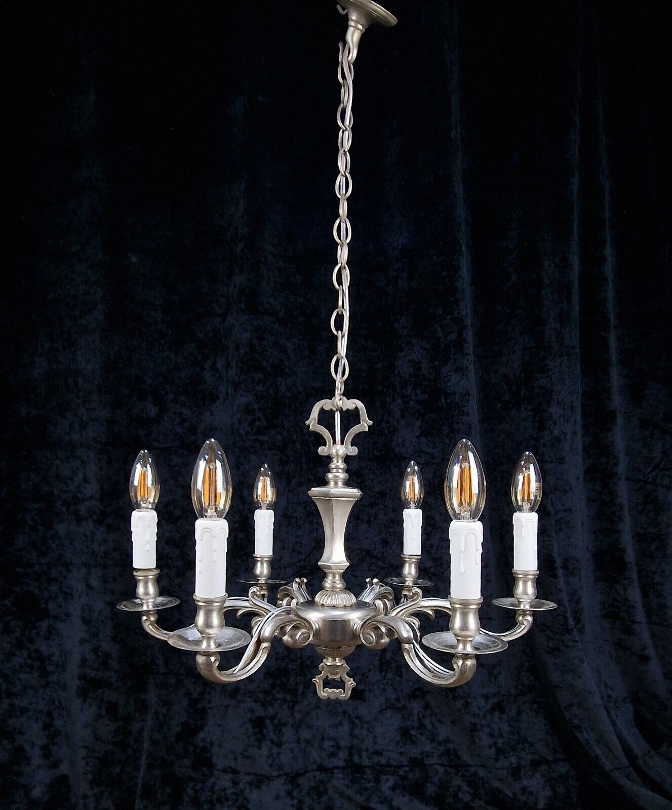 Ornate Heavy Antique Silvered 6 Arm Traditional England Chandelier Ceiling Light