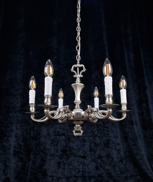 Ornate Heavy Antique Silvered 6 Arm Traditional England Chandelier Ceiling Light