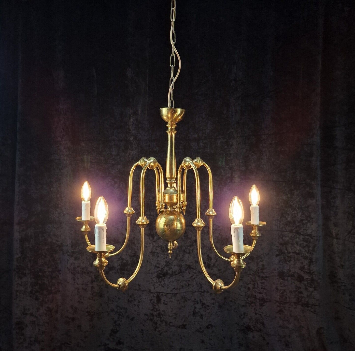 Lovely Elegant Italian Mid Century Brass 5 Arm Vintage Chandelier Light