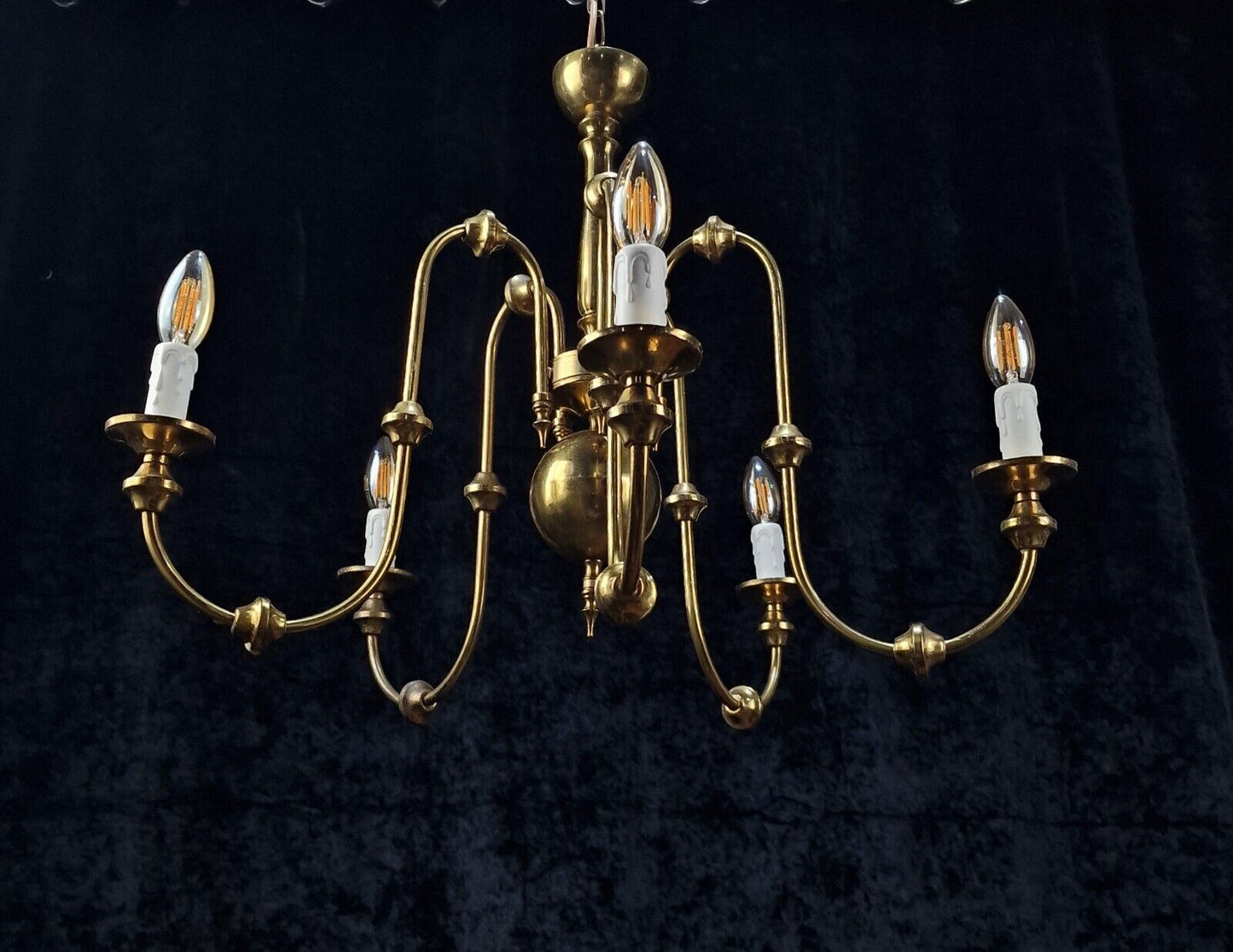 Lovely Elegant Italian Mid Century Brass 5 Arm Vintage Chandelier Light