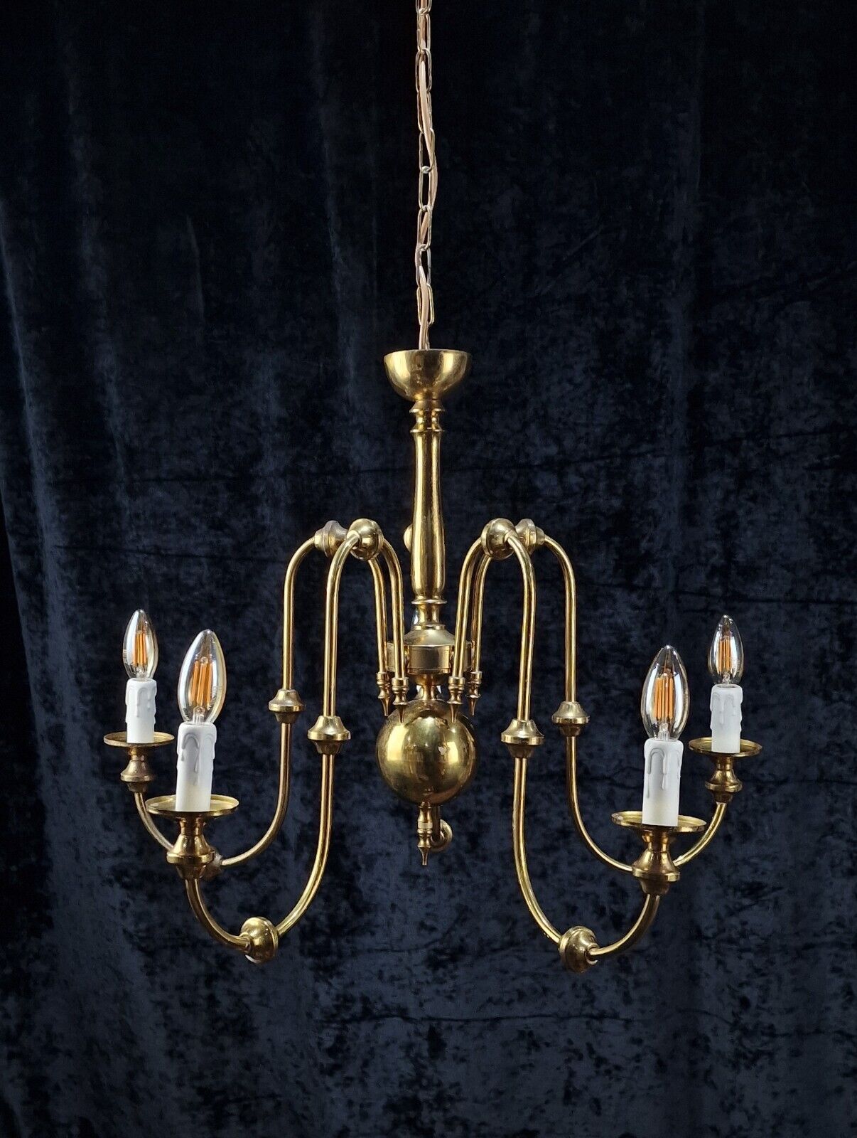 Lovely Elegant Italian Mid Century Brass 5 Arm Vintage Chandelier Light