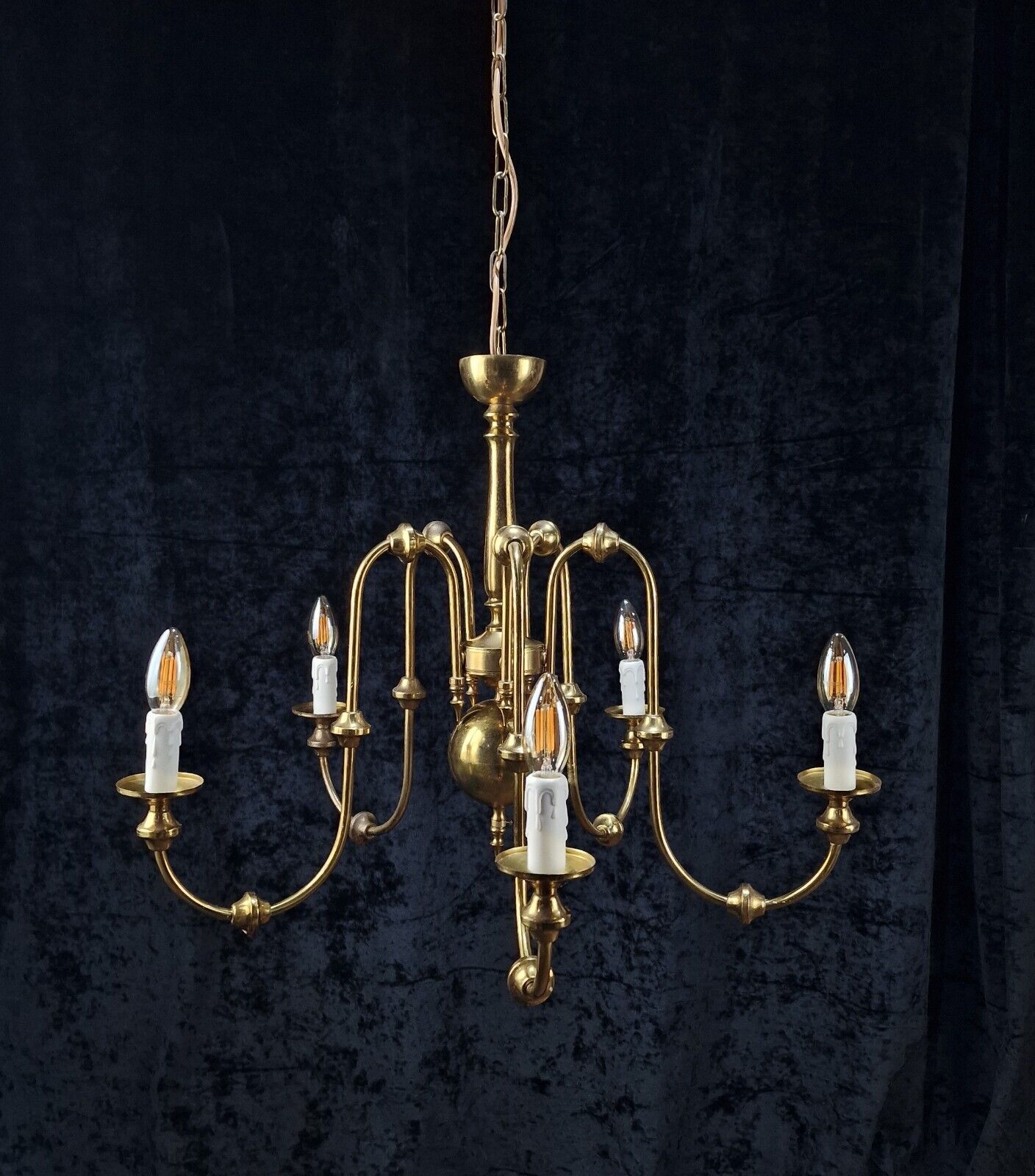 Lovely Elegant Italian Mid Century Brass 5 Arm Vintage Chandelier Light