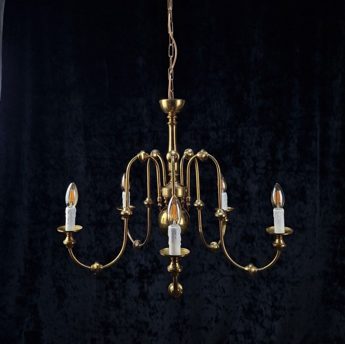 Lovely Elegant Italian Mid Century Brass 5 Arm Vintage Chandelier Light