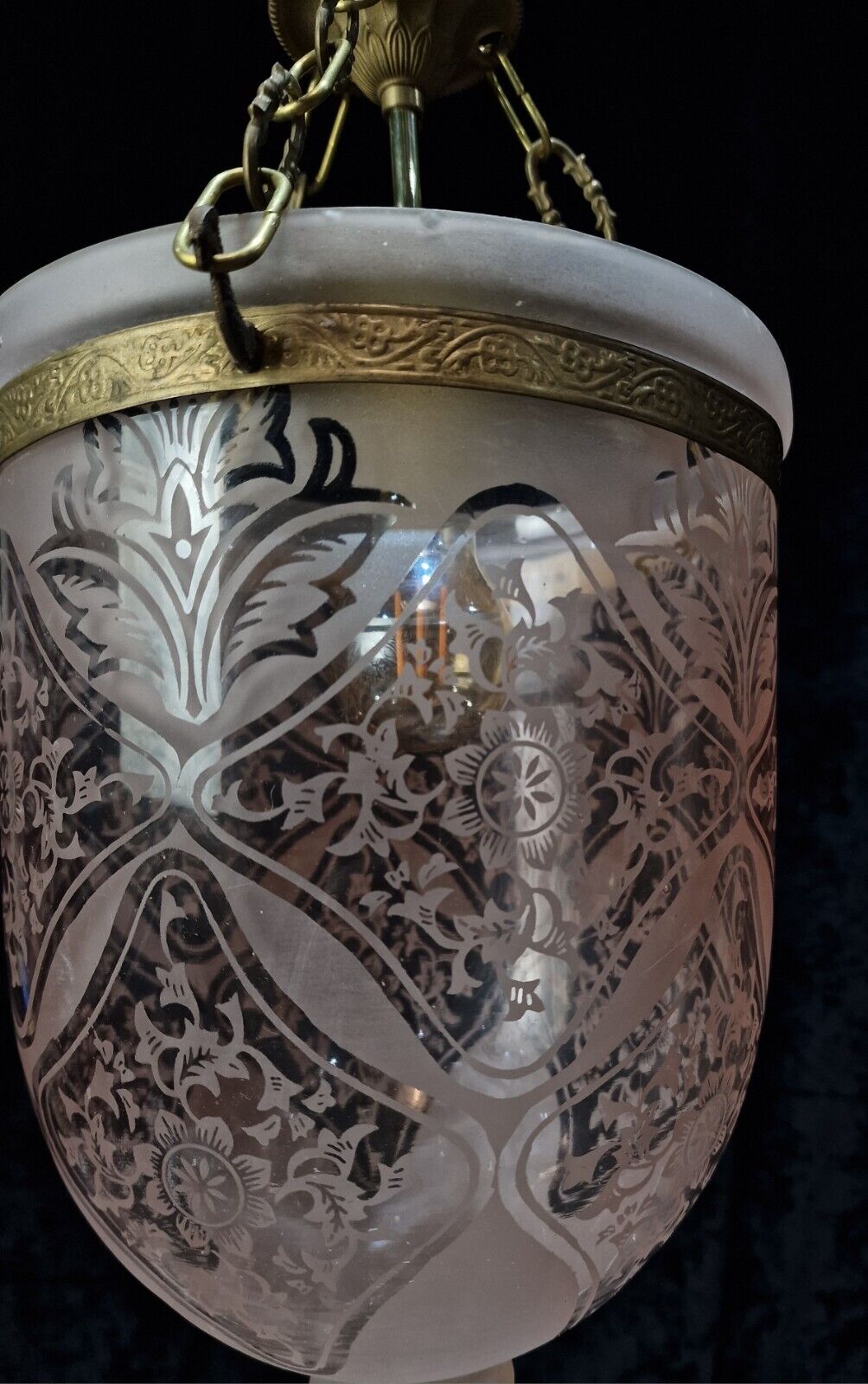 Beautiful Unusual Vintage Etched Glass Bell Jar Classical Brass Lantern Light