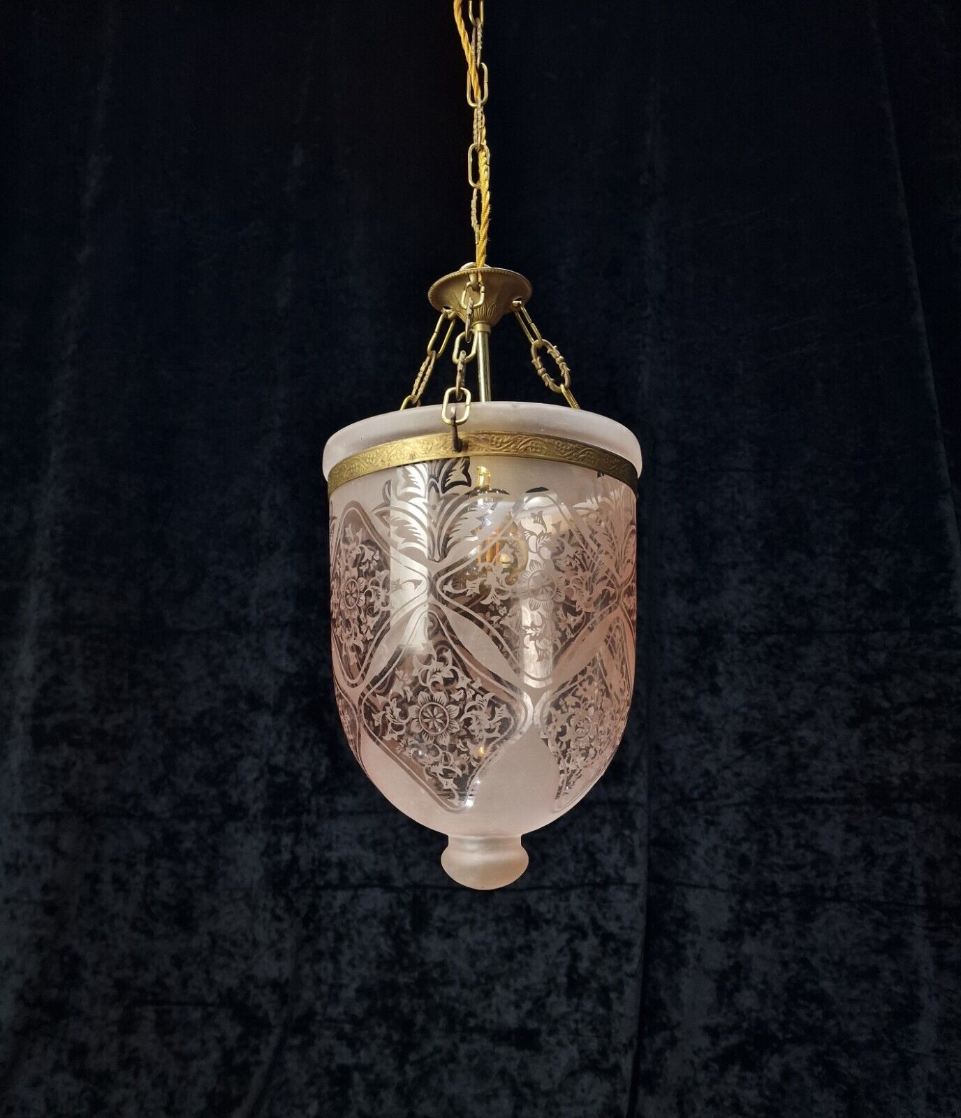 Beautiful Unusual Vintage Etched Glass Bell Jar Classical Brass Lantern Light