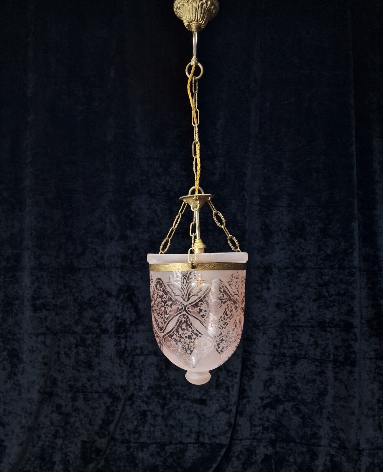 Beautiful Unusual Vintage Etched Glass Bell Jar Classical Brass Lantern Light