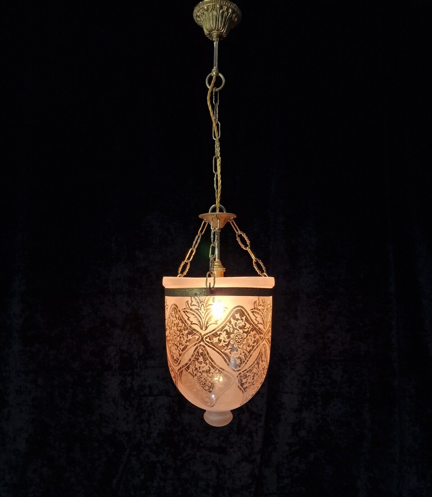 Beautiful Unusual Vintage Etched Glass Bell Jar Classical Brass Lantern Light