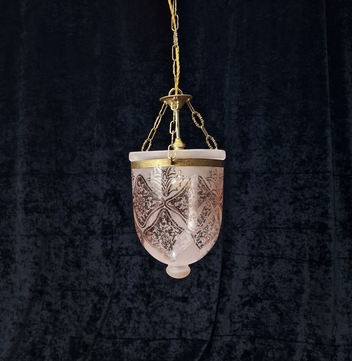 Beautiful Unusual Vintage Etched Glass Bell Jar Classical Brass Lantern Light