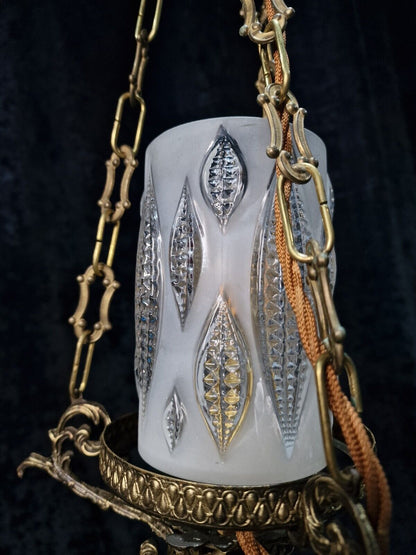 Unusual Vintage Italian 1 Light Brass Pendant Hanging Lantern with Glass Shade