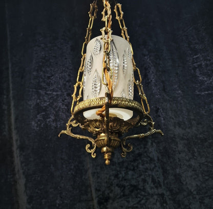 Unusual Vintage Italian 1 Light Brass Pendant Hanging Lantern with Glass Shade