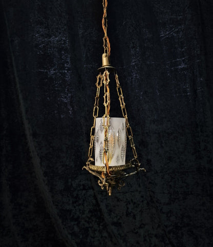 Unusual Vintage Italian 1 Light Brass Pendant Hanging Lantern with Glass Shade