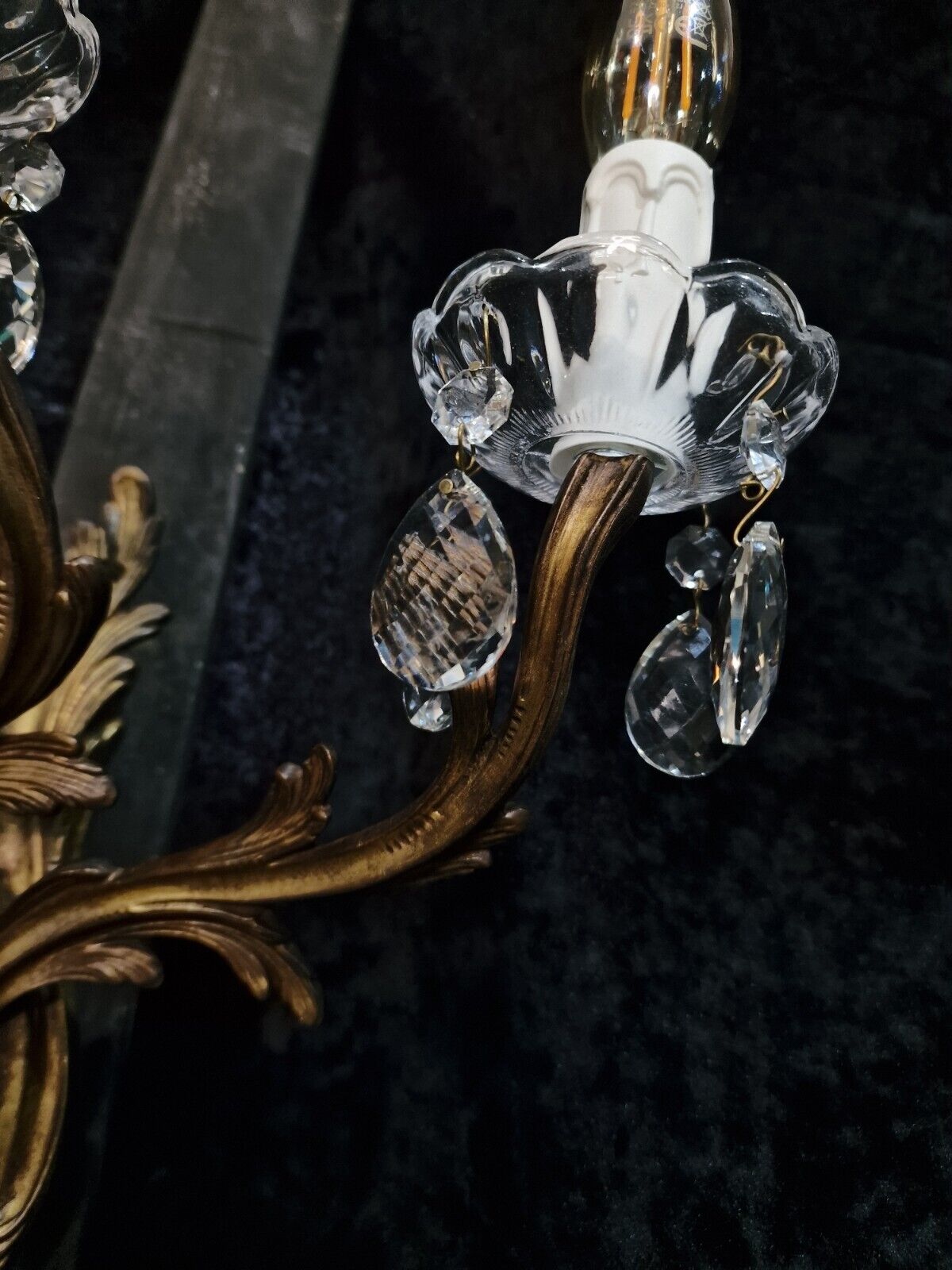 Stunning Large Antique French Singular 3 Arm Crystal Brass Wall Light Sconce