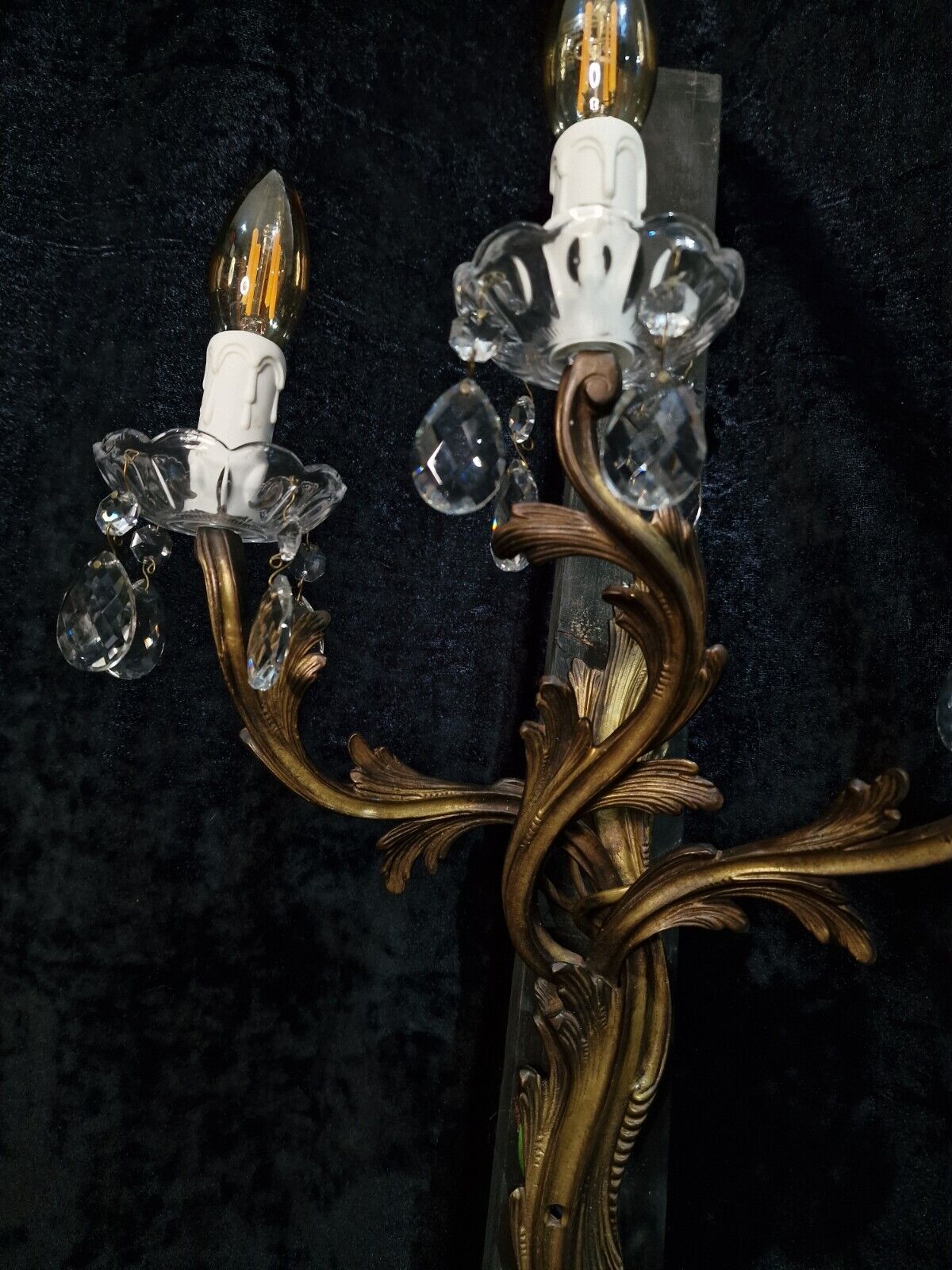 Stunning Large Antique French Singular 3 Arm Crystal Brass Wall Light Sconce