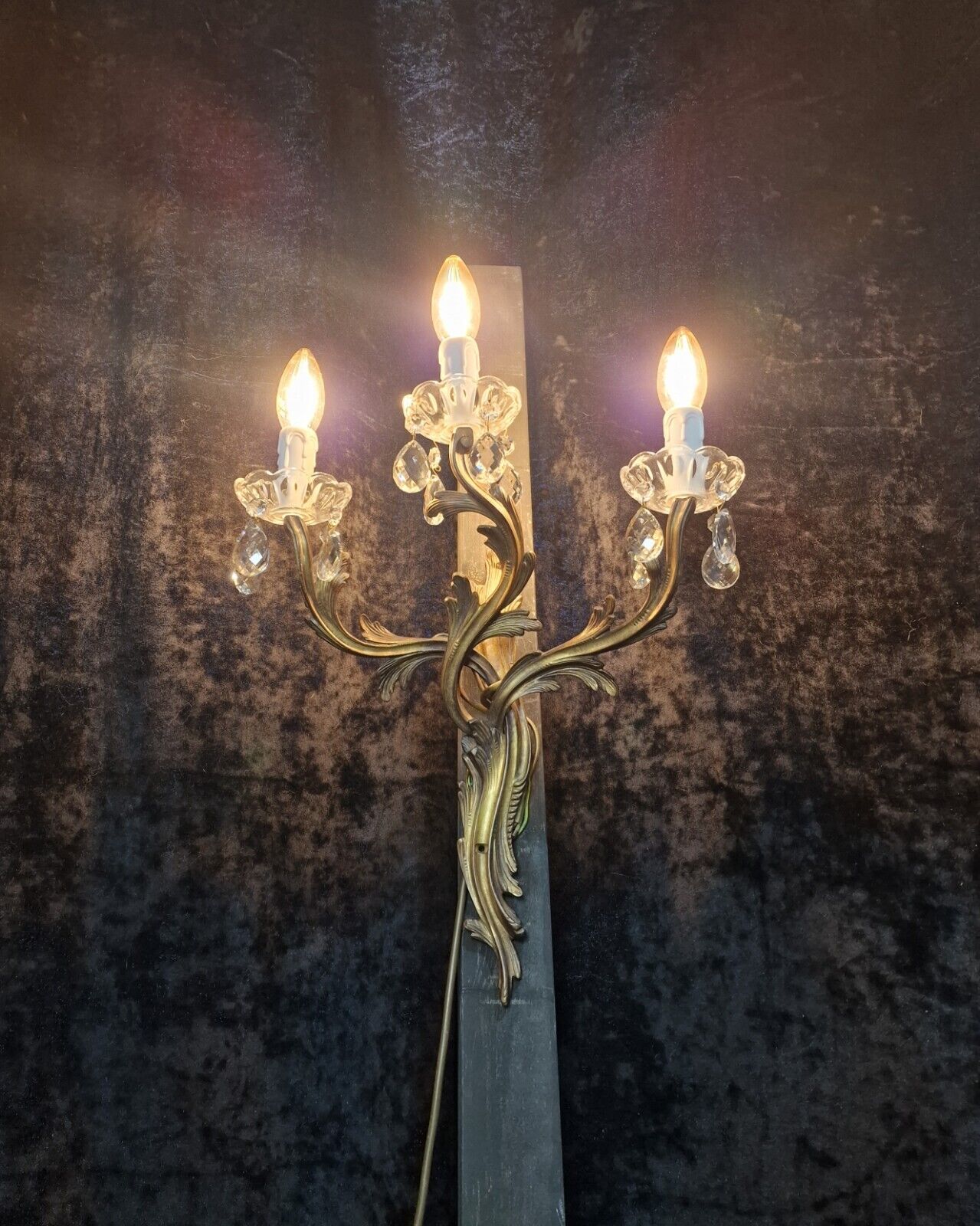 Stunning Large Antique French Singular 3 Arm Crystal Brass Wall Light Sconce