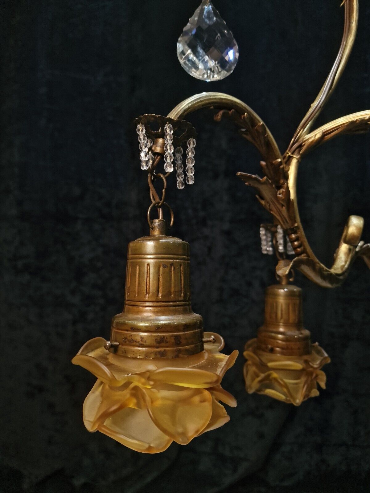 Lovely Antique French Lacquered Brass Leaf and Crystal Branch Chandelier Light