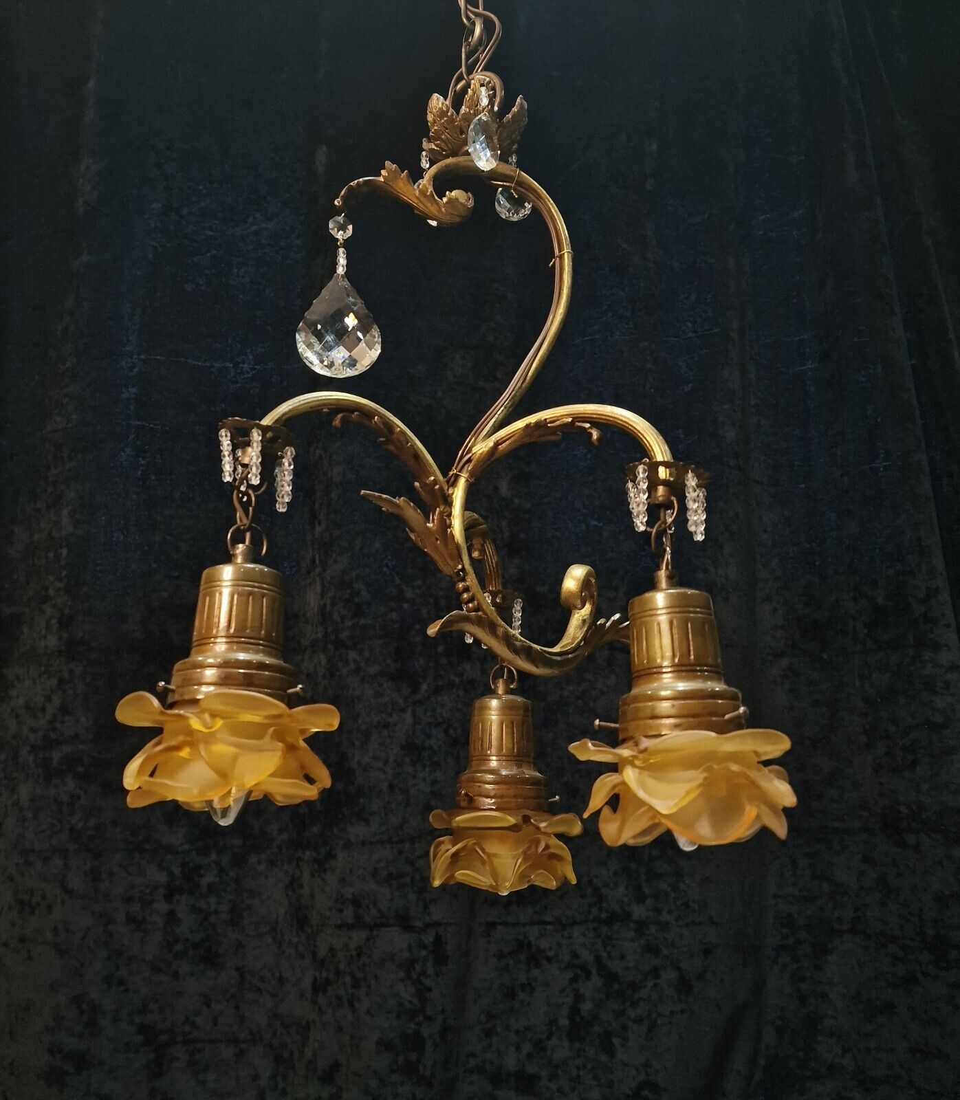 Lovely Antique French Lacquered Brass Leaf and Crystal Branch Chandelier Light