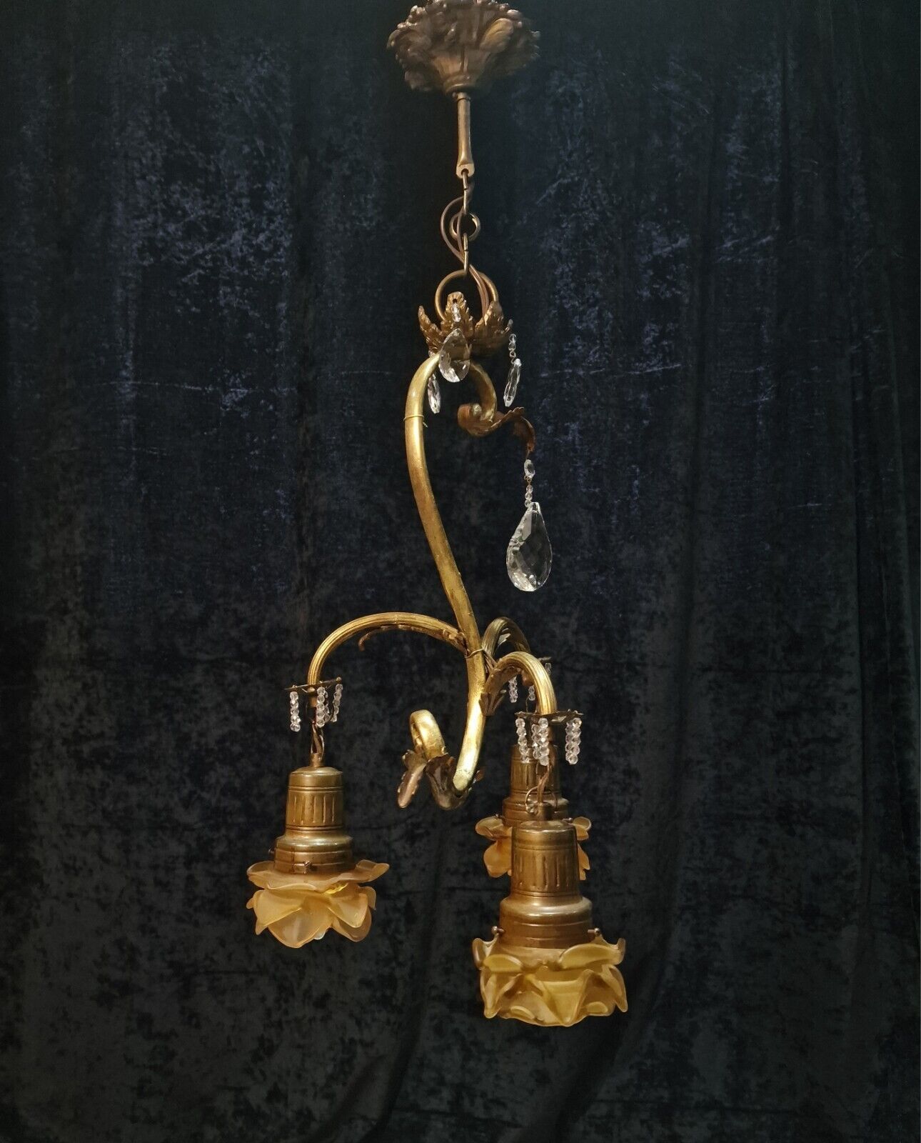 Lovely Antique French Lacquered Brass Leaf and Crystal Branch Chandelier Light