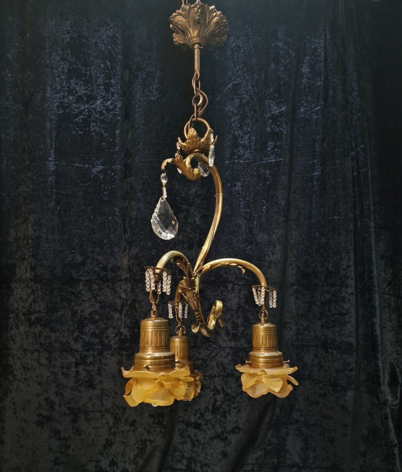 Lovely Antique French Lacquered Brass Leaf and Crystal Branch Chandelier Light