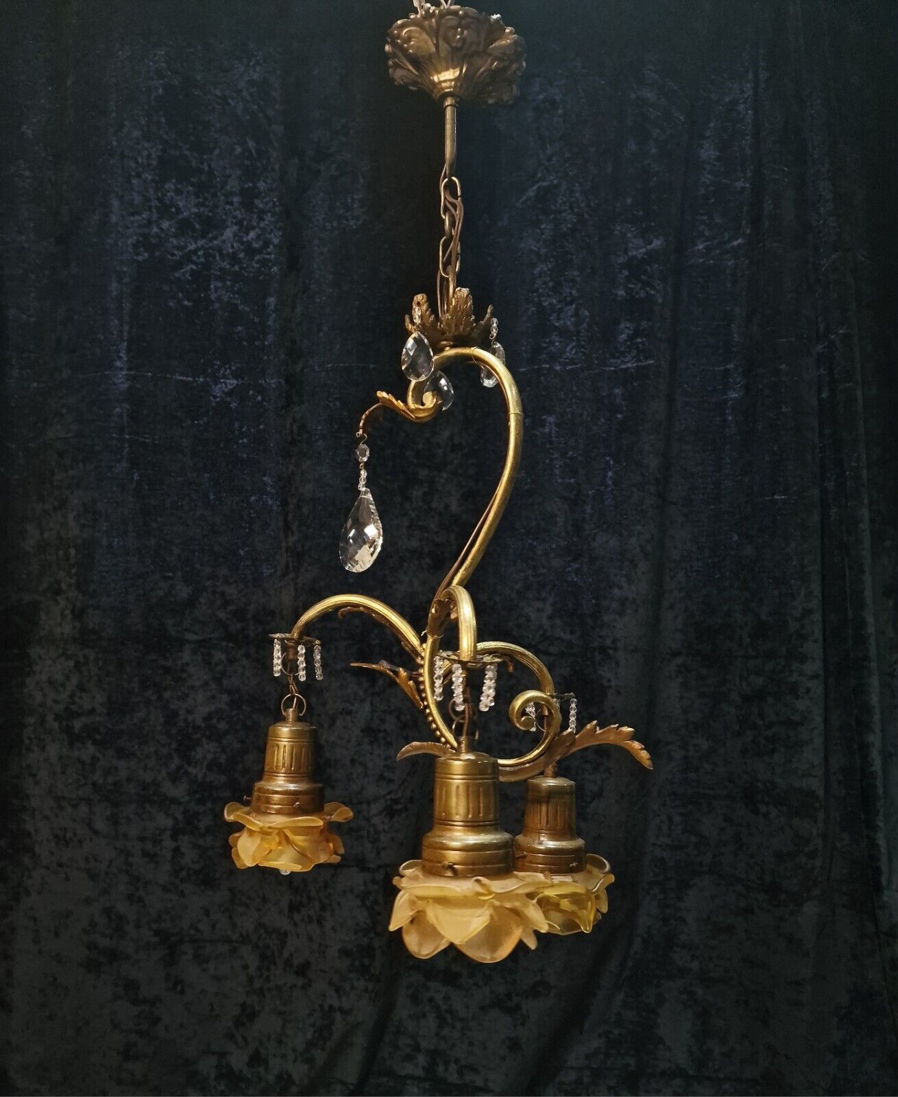 Lovely Antique French Lacquered Brass Leaf and Crystal Branch Chandelier Light