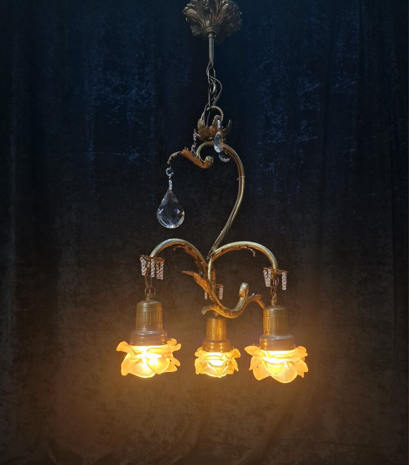 Lovely Antique French Lacquered Brass Leaf and Crystal Branch Chandelier Light