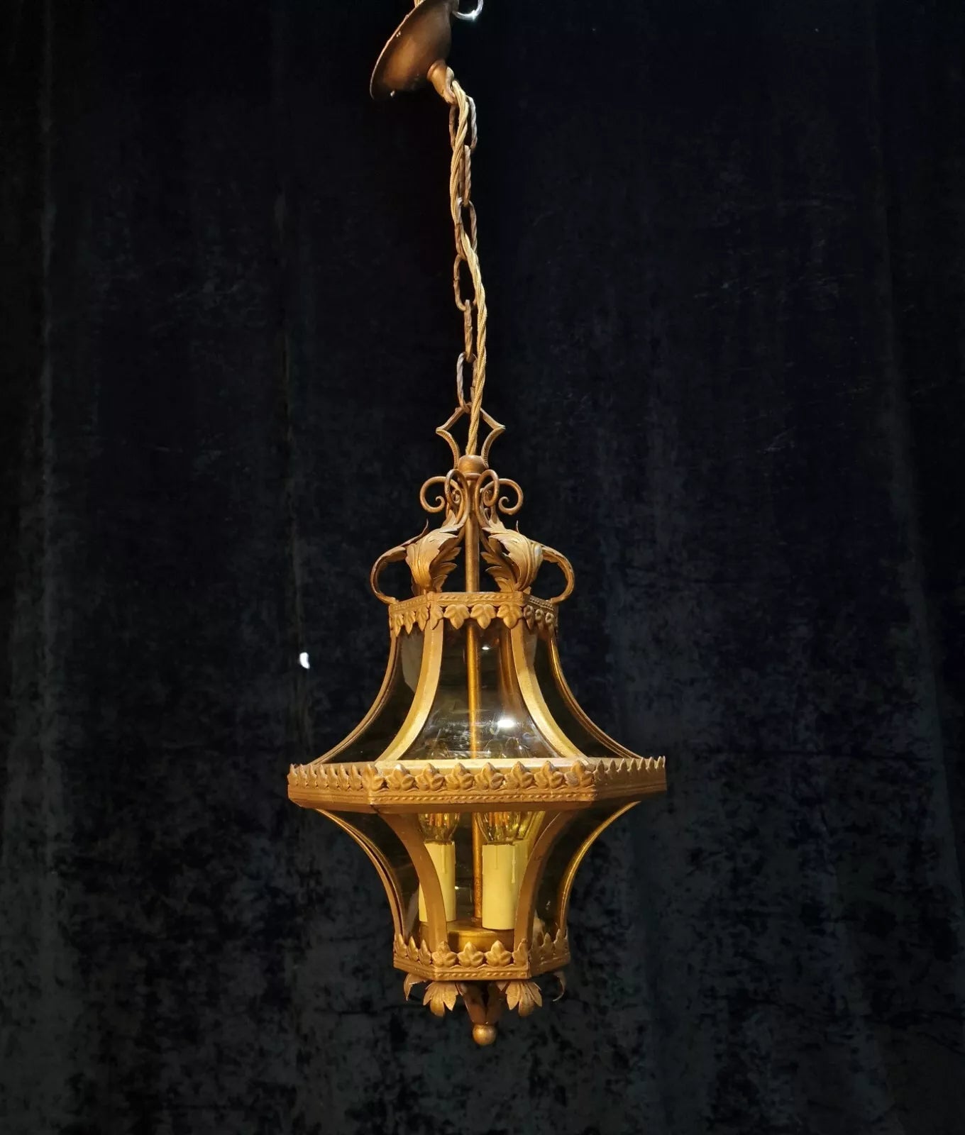 Beautiful Vintage Italian Gilded Wrought Iron 3 Light Curve Amber Glass Lantern