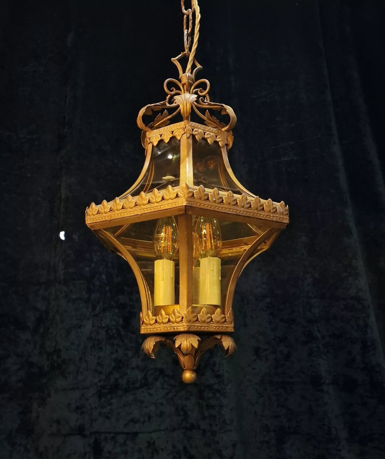 Beautiful Vintage Italian Gilded Wrought Iron 3 Light Curve Amber Glass Lantern