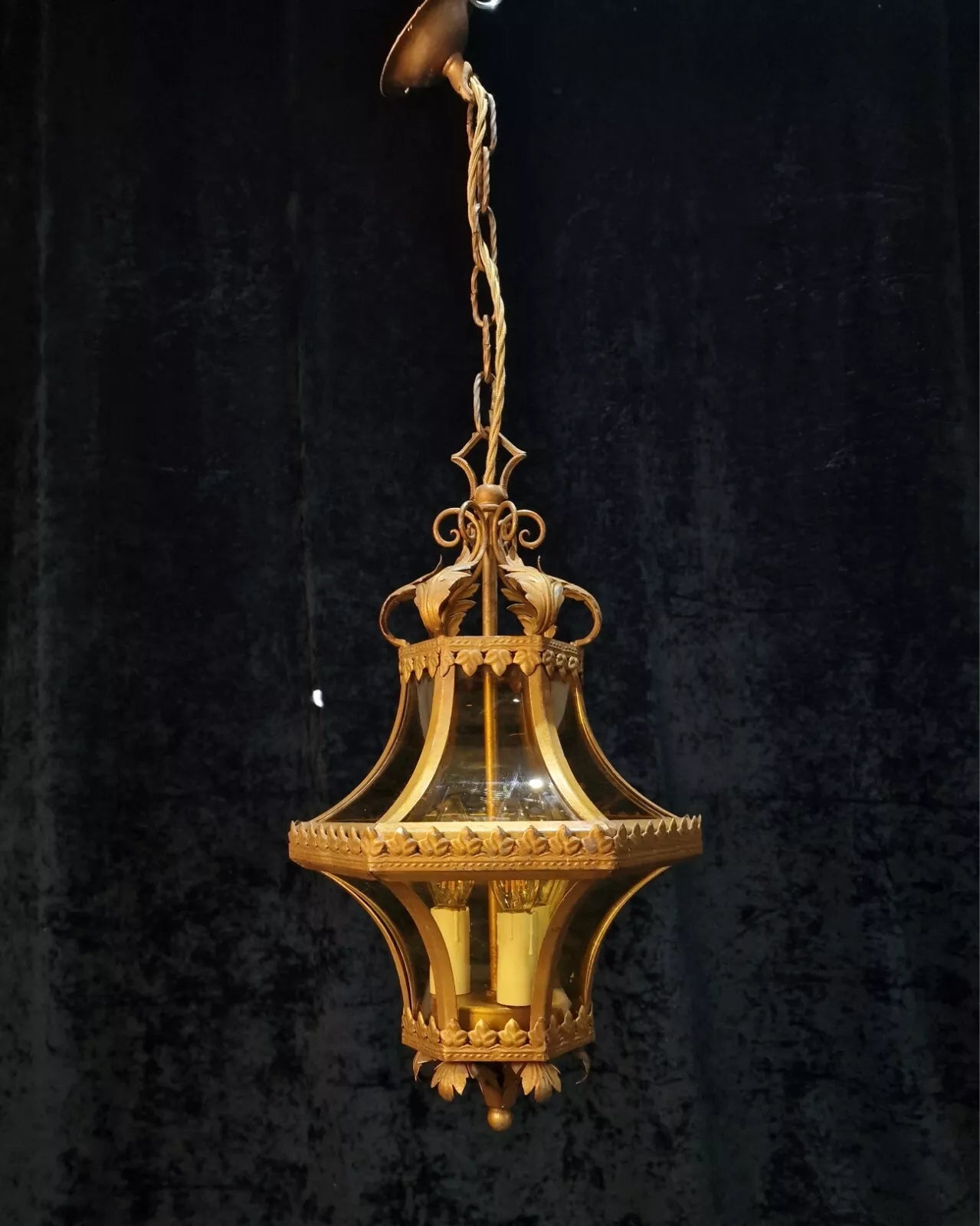 Beautiful Vintage Italian Gilded Wrought Iron 3 Light Curve Amber Glass Lantern