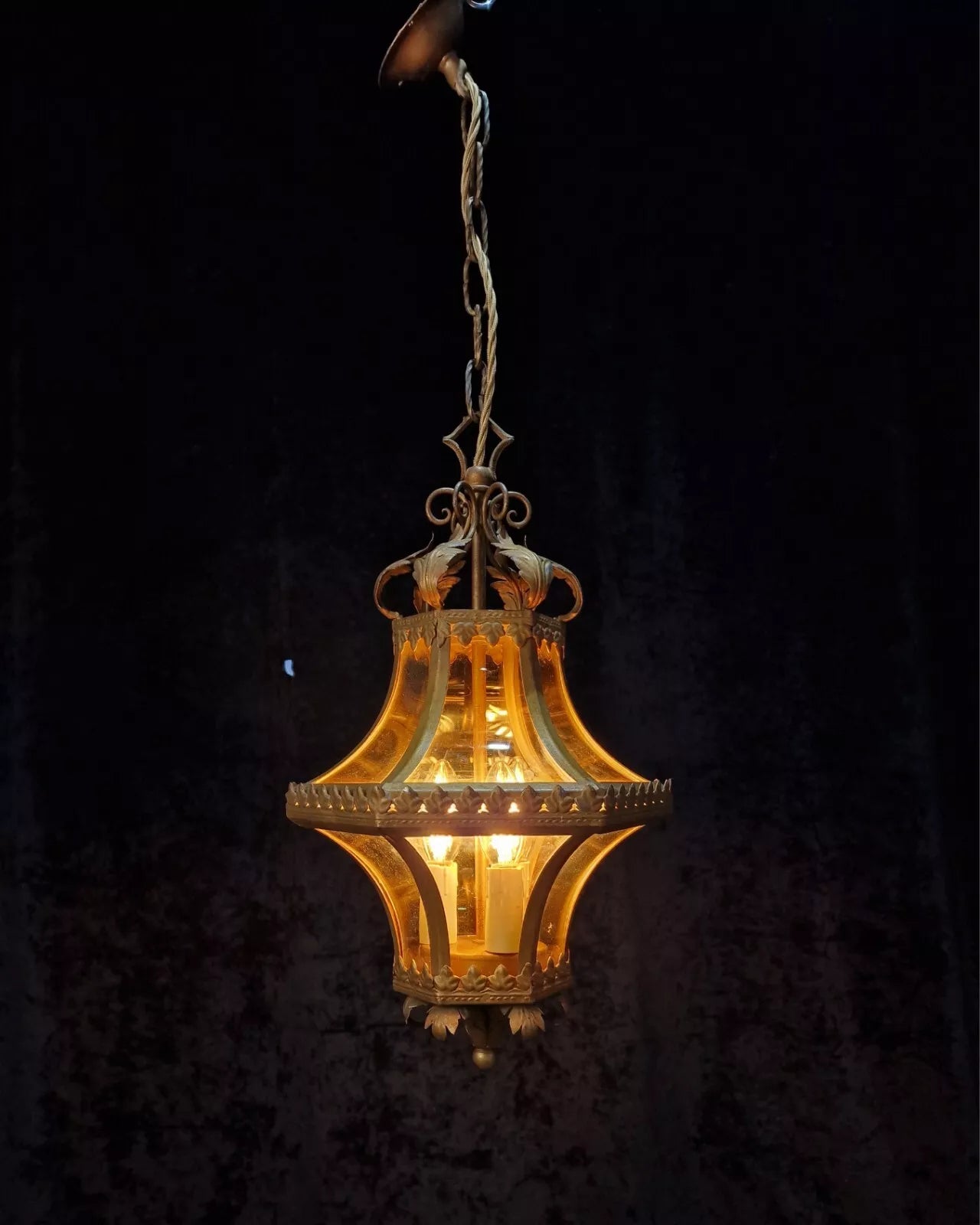 Beautiful Vintage Italian Gilded Wrought Iron 3 Light Curve Amber Glass Lantern