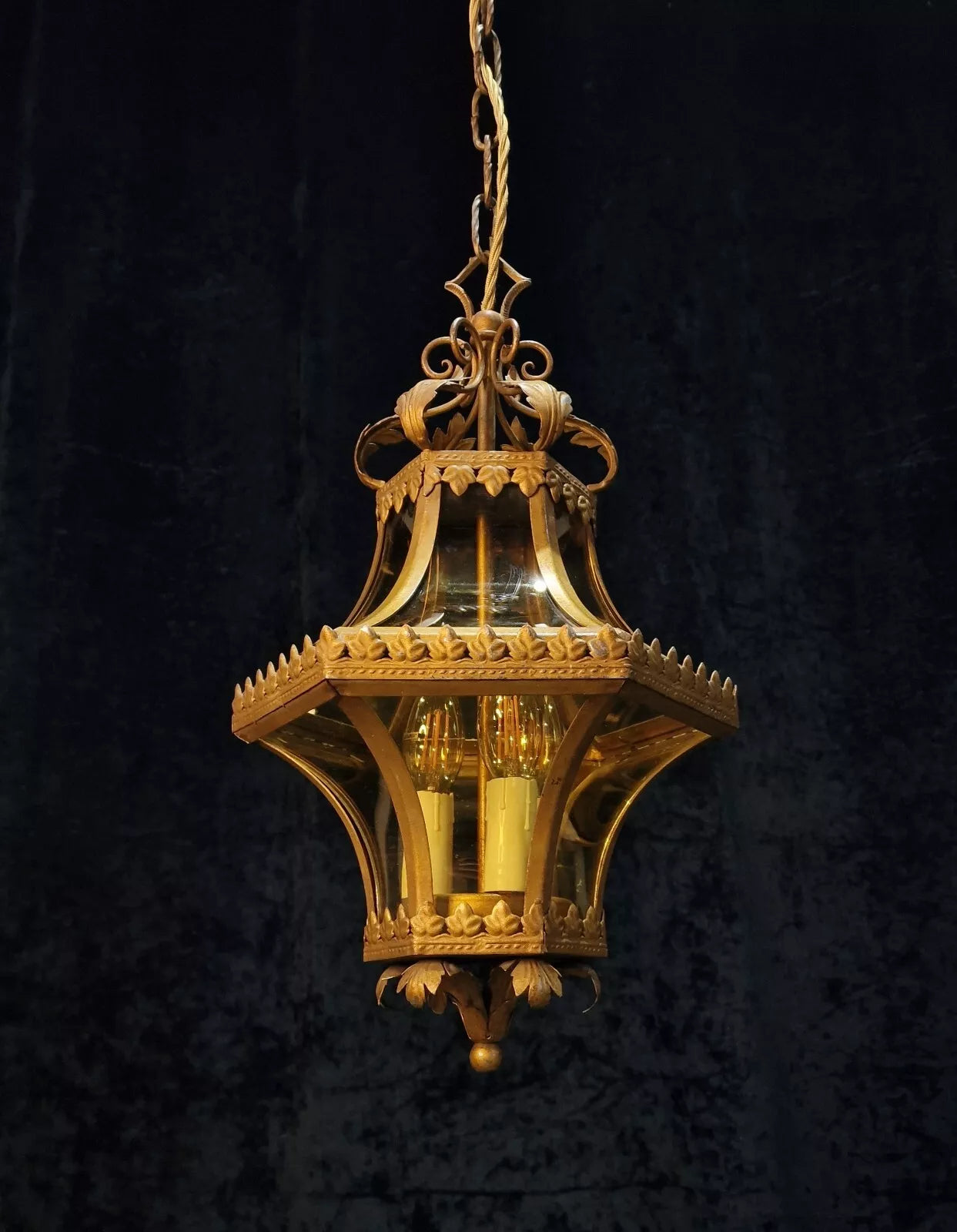 Beautiful Vintage Italian Gilded Wrought Iron 3 Light Curve Amber Glass Lantern