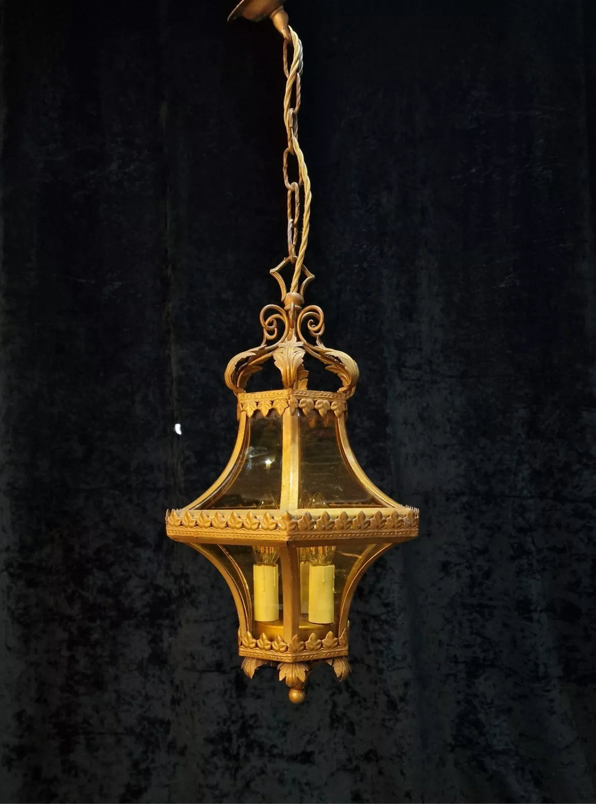 Beautiful Vintage Italian Gilded Wrought Iron 3 Light Curve Amber Glass Lantern