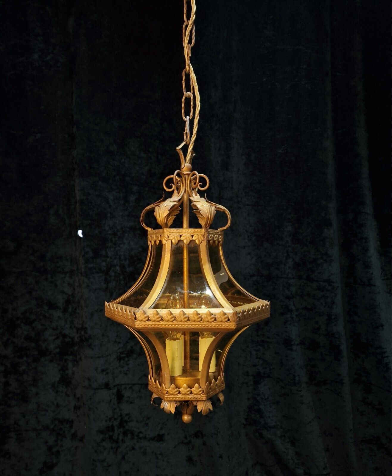 Beautiful Vintage Italian Gilded Wrought Iron 3 Light Curve Amber Glass Lantern