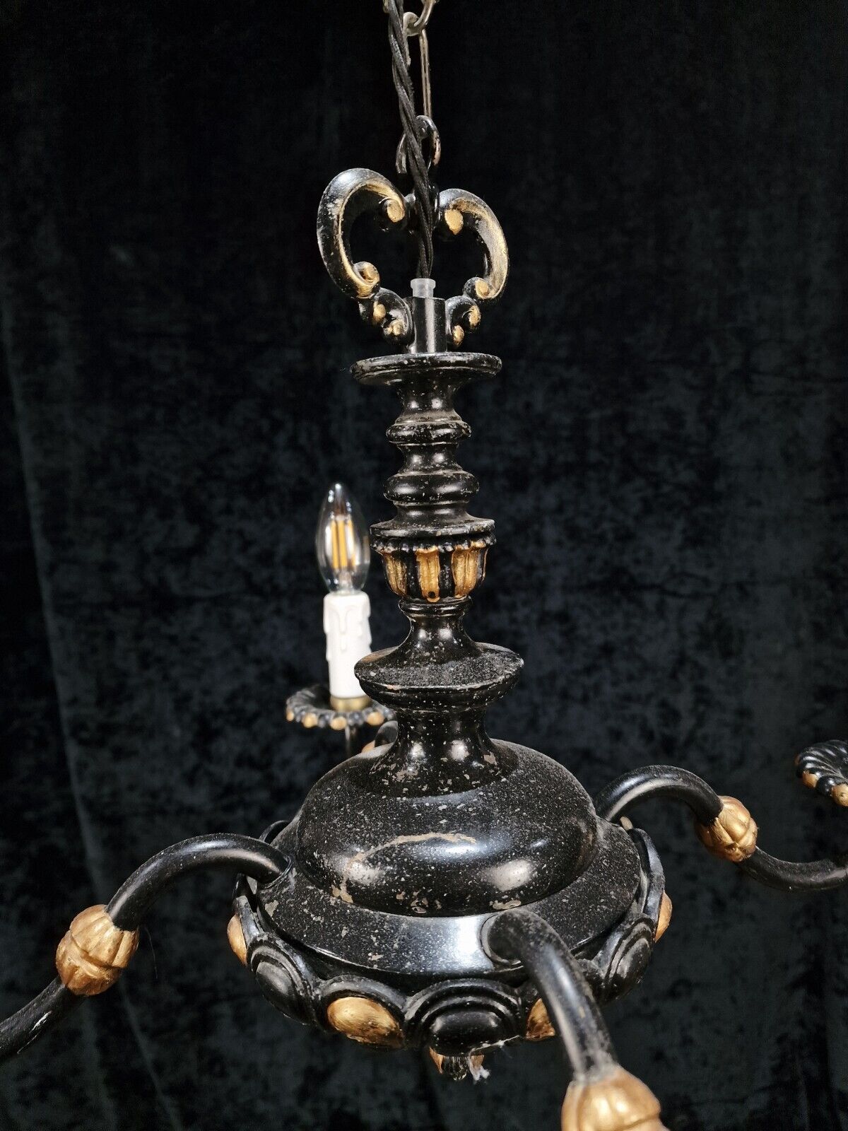 Unusual Antique French Heavy 4 Arm Black and Gold Chandelier Light