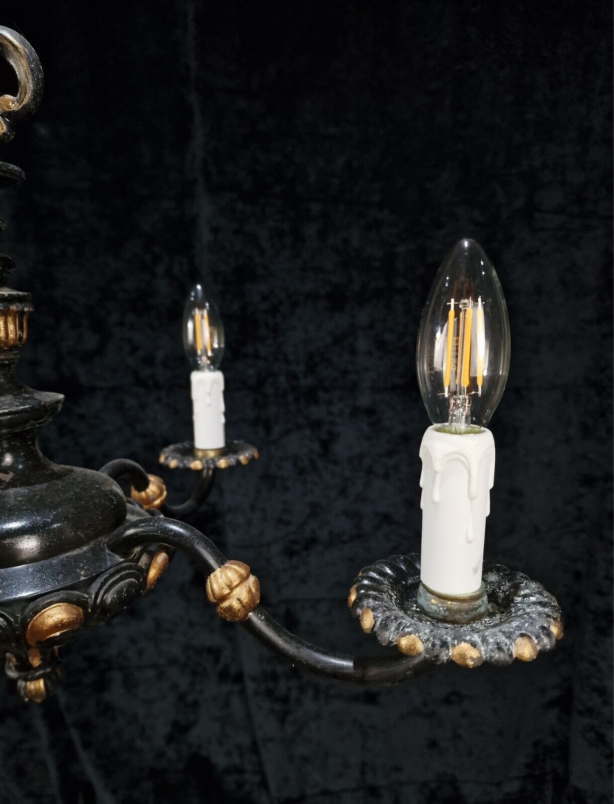 Unusual Antique French Heavy 4 Arm Black and Gold Chandelier Light