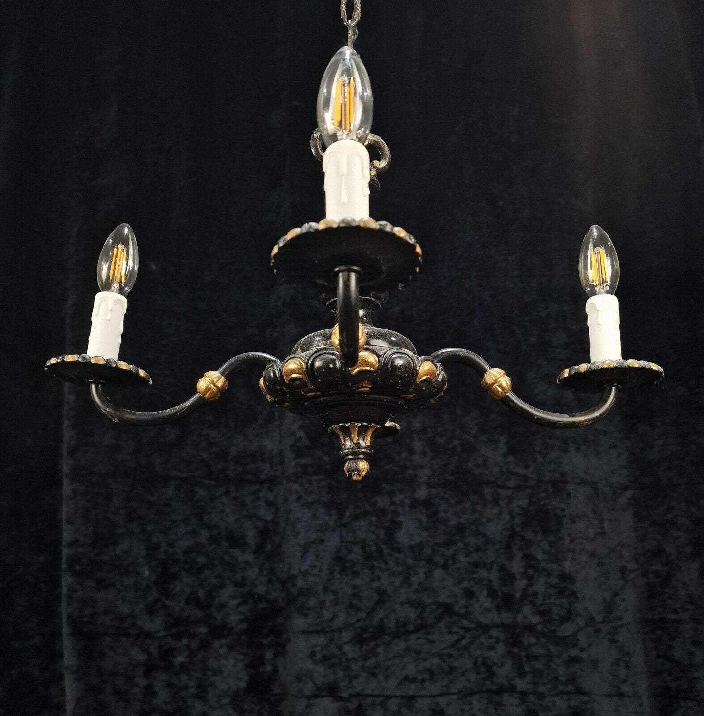 Unusual Antique French Heavy 4 Arm Black and Gold Chandelier Light