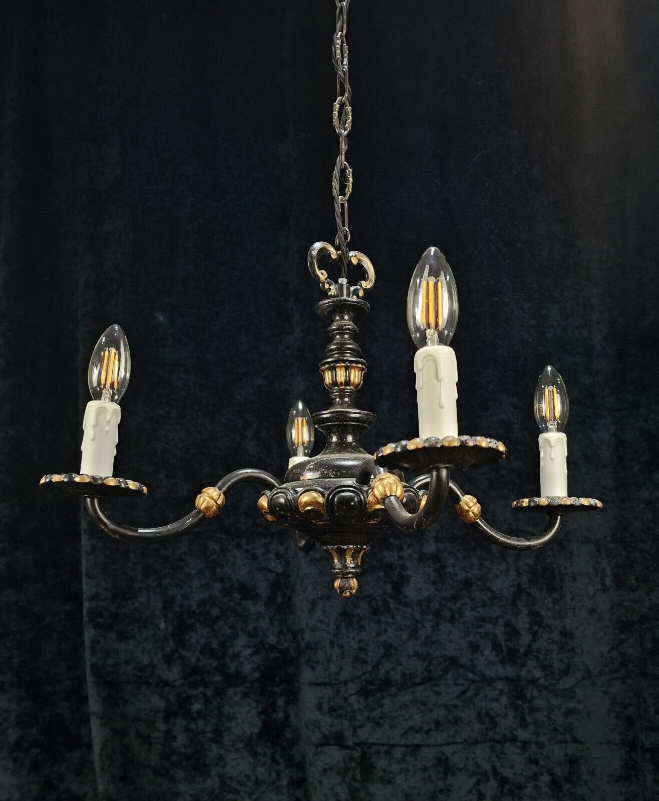 Unusual Antique French Heavy 4 Arm Black and Gold Chandelier Light