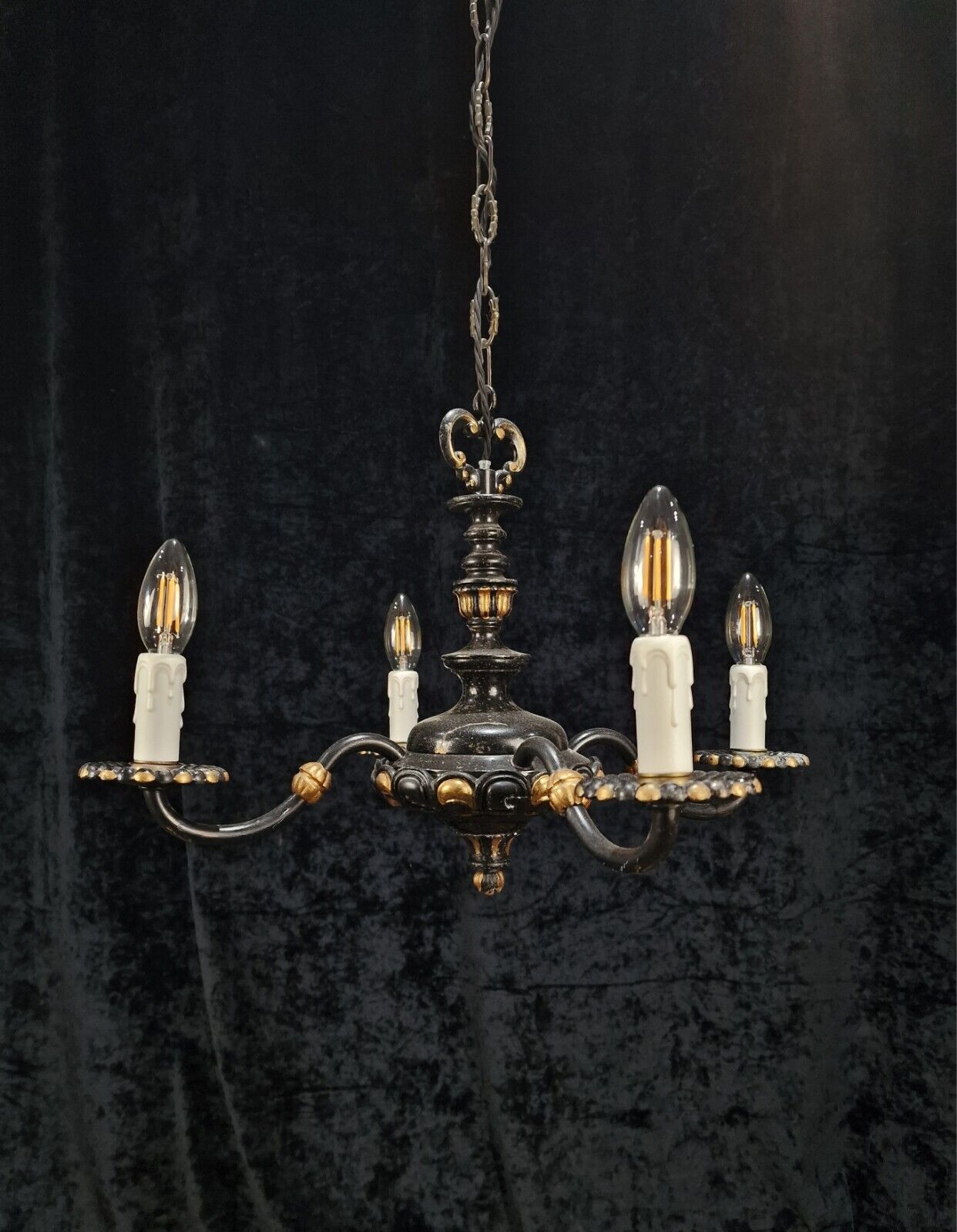 Unusual Antique French Heavy 4 Arm Black and Gold Chandelier Light