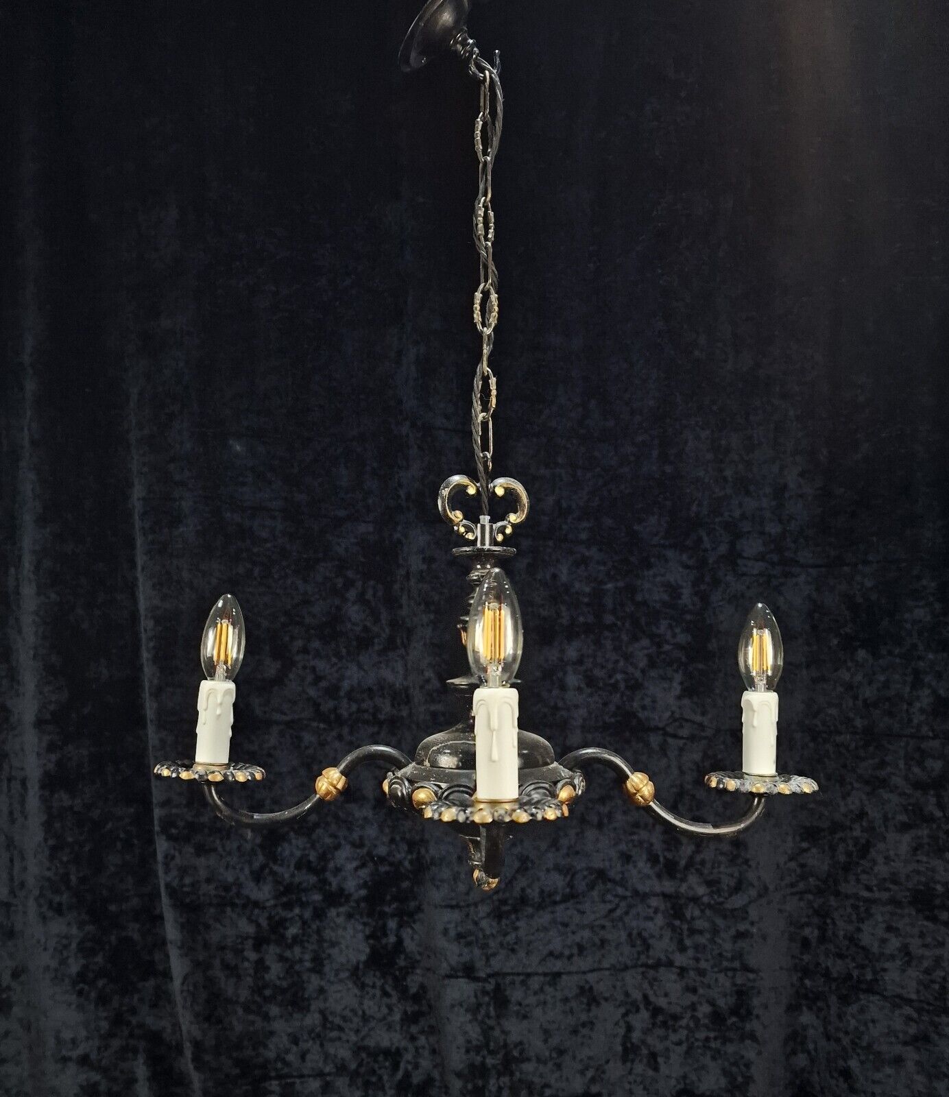 Unusual Antique French Heavy 4 Arm Black and Gold Chandelier Light