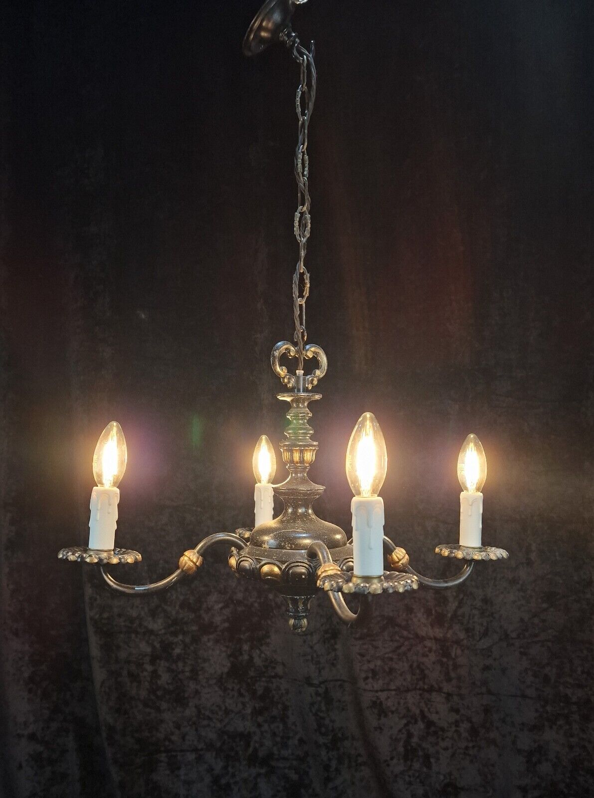 Unusual Antique French Heavy 4 Arm Black and Gold Chandelier Light