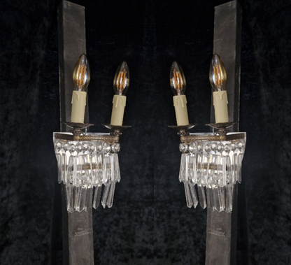 Classical Pair Antique French 2 Arm Crystal Waterfall Brass Wall Lights Sconces