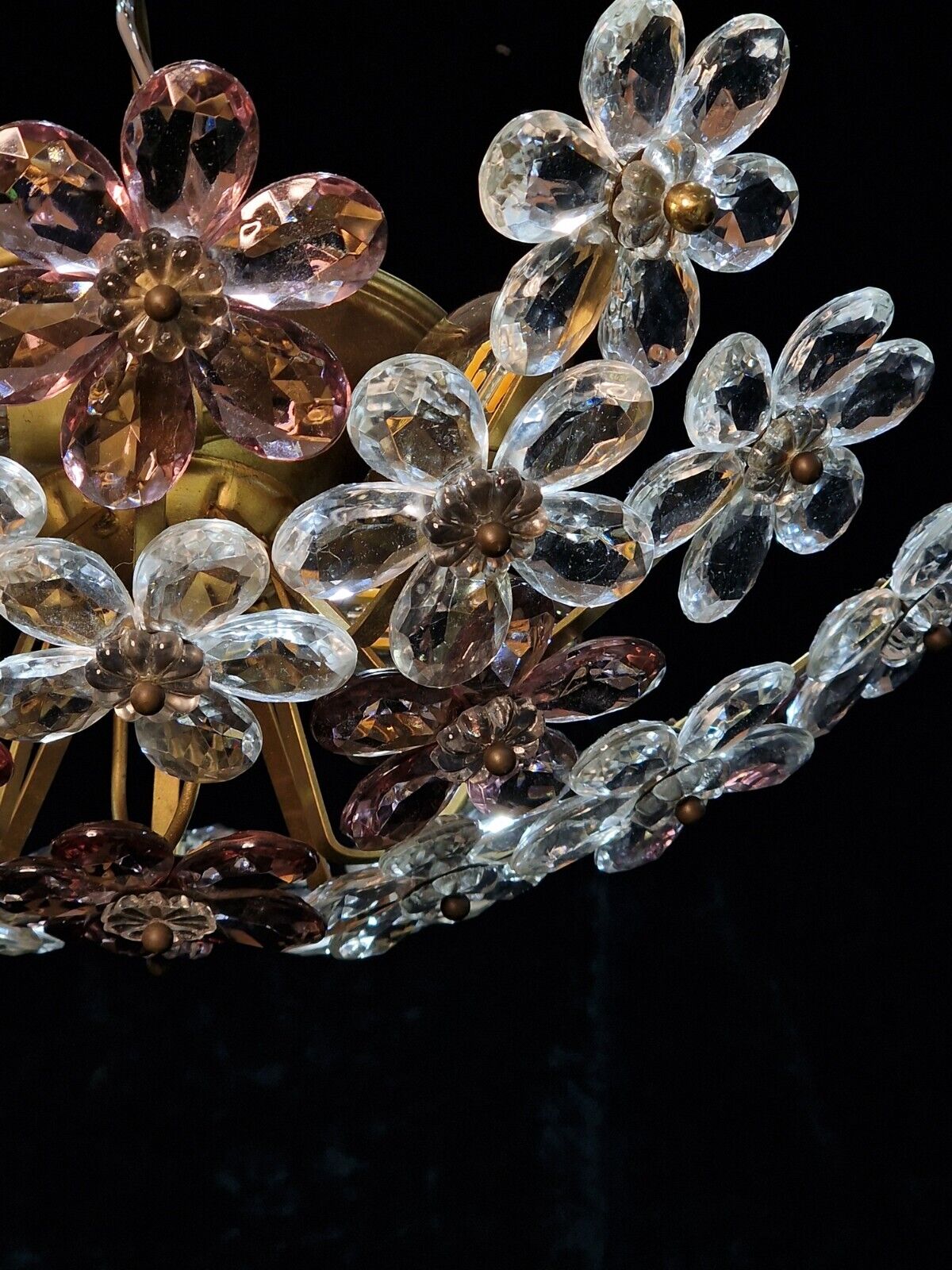 Beautiful Mid Century Italian 4 Light Flush Plafonnier Flower Crystal Chandelier