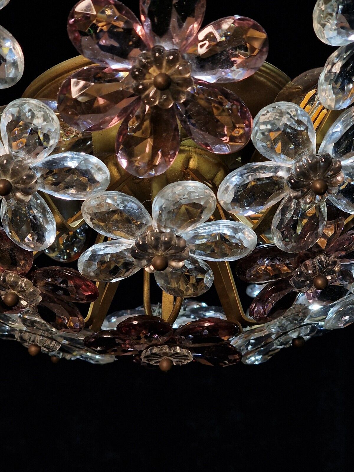 Beautiful Mid Century Italian 4 Light Flush Plafonnier Flower Crystal Chandelier