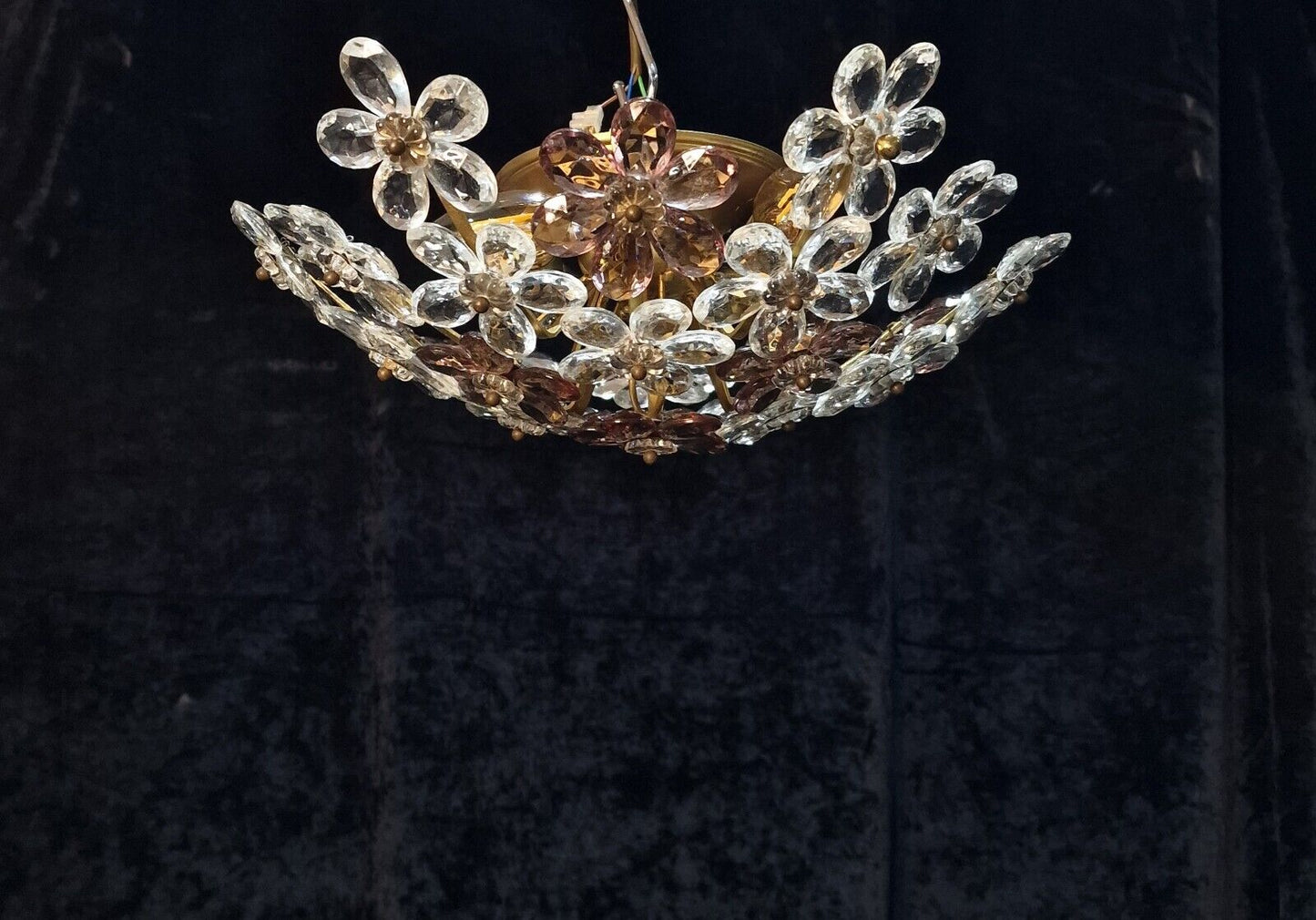 Beautiful Mid Century Italian 4 Light Flush Plafonnier Flower Crystal Chandelier