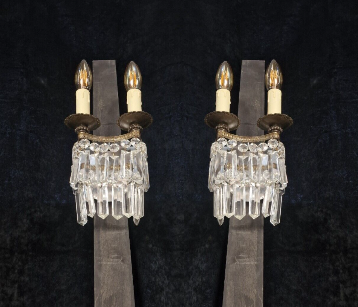 Classical Pair Antique French 2 Arm Crystal Waterfall Brass Wall Lights Sconces